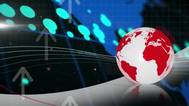 Animation Red Globe Blue Graph Processing Blue World Map Black — Video Stock