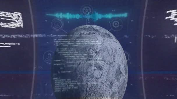 Анімація Овальної Форми Планети Піктограмами Програмним Кодом Глобусом Рухаються Циклі — стокове відео