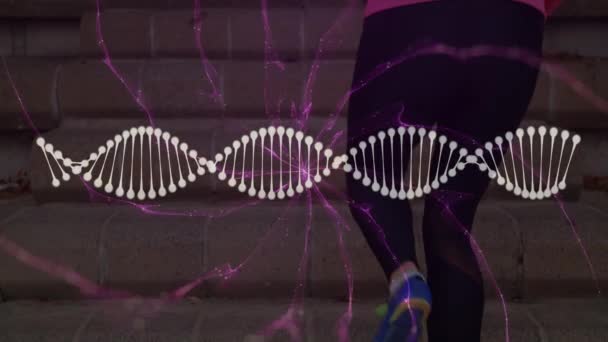 Animation Screen Purple Waves Dna Legs Caucasian Woman Running Sport — 图库视频影像