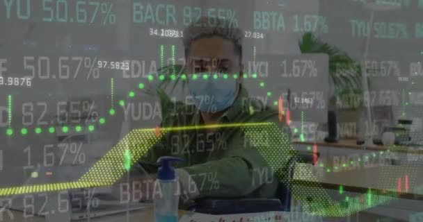 Animation Stock Market Data Processing Biracial Businessman Wearing Face Mask — Stock video