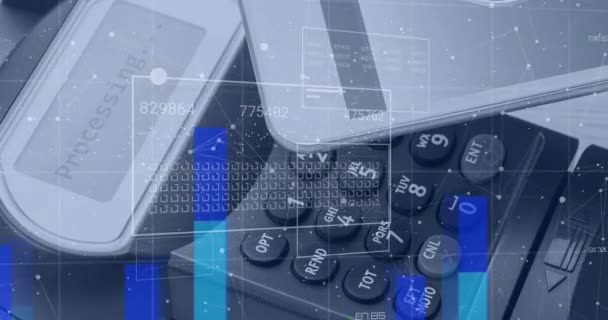 Animation Financial Data Graphs Processing Digital Interface Credit Card Reader — Vídeo de stock