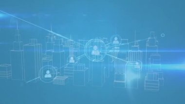 Animation of profile icon network connecting dots with 3d urban city on digital interface. Digital composite, connect the dots, networking, technology, architecture, construction industry.