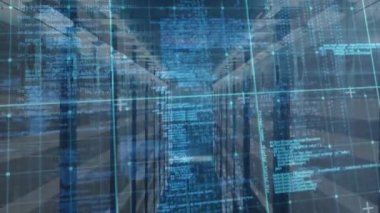 Animation of data processing over grid network against computer server room. Global networking and business data storage technology concept