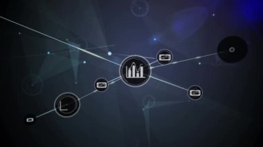 Animation of mobile, graph icons connecting dots with bright blue light on digital interface. Digital composite, connection, connect the dots, networking, data, technology, telecommunication.