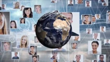 Animation of diverse people icons over globe and network of connections. global business, computing and digital interface concept digitally generated video.