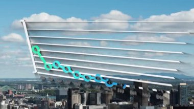 Digital animation of line graph moving over aerial view of cityscape against cloudy sky. Digital composite, multiple exposure, chart, data and buildings concept.
