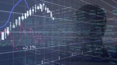Animation of financial and stock market data processing over rear view of woman holding a cigarettes. Global finance and business technology concept