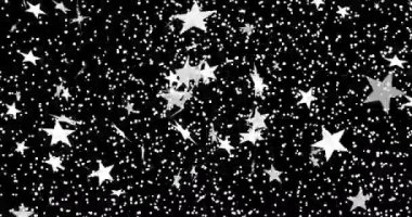 Animation of white stars and white particles moving on black background. Celebration, energy and change, monochrome abstract background concept digitally generated video.
