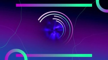 Animation of neon circles over violet space with lines. Digital screen, interface and technology concept digitally generated video.