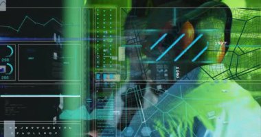 Animation of data processing over african american workers in server room. Global business and digital interface concept digitally generated video.