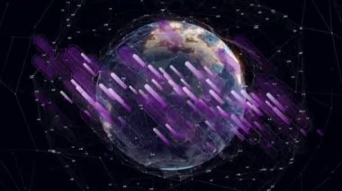 Animation of purple light trails and network of connections over spinning globe on black background. Global networking and business technology concept