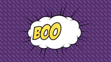 Animation of graphical boom text in cloud against doodle patterned violet background. Digitally generated, exploding, comic book, humor and abstract concept.