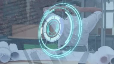 Animation of scope scanning and financial data processing over biracial businessman. global business, data processing and technology concept digitally generated video.