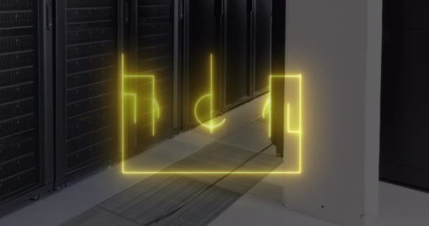 Animation Yellow Neon Football Pitch Markings Computer Server Room Global — Stock videók