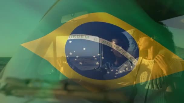 Animation Brazilian Flag Waving Romantic African American Couple Traveling Pick — Wideo stockowe