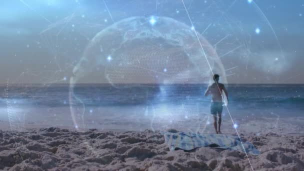 Animation Globe Connections Caucasian Man Running Beach Sea Global Connections — Wideo stockowe