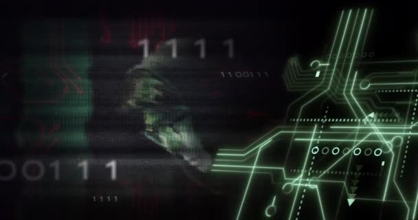 Анімація Обробки Даних Через Інтегральну Схему Кавказький Чоловічий Хакер Глобальна — стокове відео