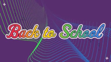 Animation of colorful back to school text with wave patterns over violet background, copy space. Hologram, digitally generated, multiple exposure, education and school concept.