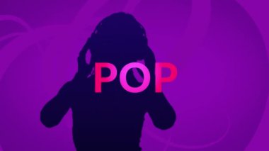 Animation of pop text over silhouettes of dj on purple background. Music, party, clubbing and disco concept digitally generated video.