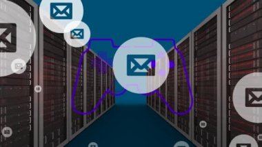 Animation of envelope icons and video game console over servers. Global social media, computing and data processing concept digitally generated video.