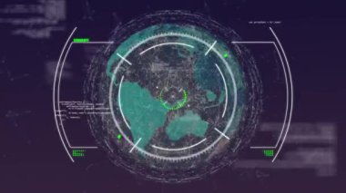 Animation of viewfinder, globe and data processing on navy background. global connections, technology and digital interface concept digitally generated video.