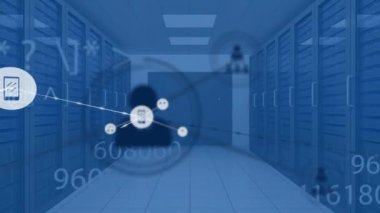 Animation of network of digital icons over multiple changing numbers and symbols against server room. Global networking and business data storage technology concept