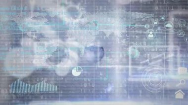 Animation of data processing over world map and globe. Global business, digital interface and data processing concept digitally generated video.
