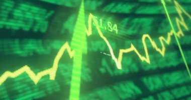 Animation of statistics and financial data processing over arrows on black background. Global business, finance and data processing concept digitally generated video.