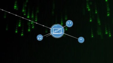 Siyah arkaplanda veri işleme üzerine simgelerle bağlantı ağının animasyonu. küresel bağlantılar, bilgisayar ve dijital arayüz konsepti dijital olarak oluşturulmuş video.
