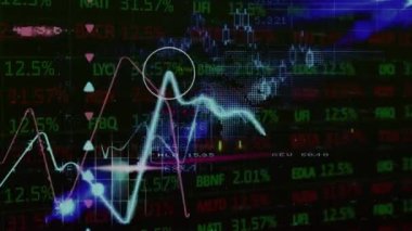 Animation of statistics and financial data processing over world map. Global finance, computing, networking and data processing concept digitally generated video.