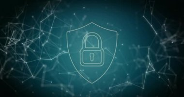 Animation of digital shield with padlock and connections in green digital space. Data safety, digital security, global network and technology concept digitally generated video.