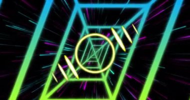 Animation of neon circle over digital screen with neon tunnel and lights. Digital screen, interface and technology concept digitally generated video.