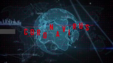 Animation of covid 19 coronavirus text over globe, networks of connections and data processing. Global covid 19 pandemic, networks, connections and data processing concept digitally generated video.