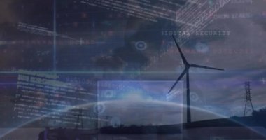 Animation of cyber security data processing over windmill spinning against clouds in the blue sky. Cyber security and business technology concept
