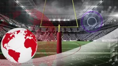 Animation of globe, scanner and data processing over american football stadium pitch. Global communication, sport, competition and digital interface concept digitally generated video.