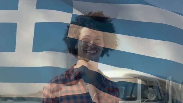 Animation Greece Flag Waving Smiling African American Man Afro Hair — Video Stock
