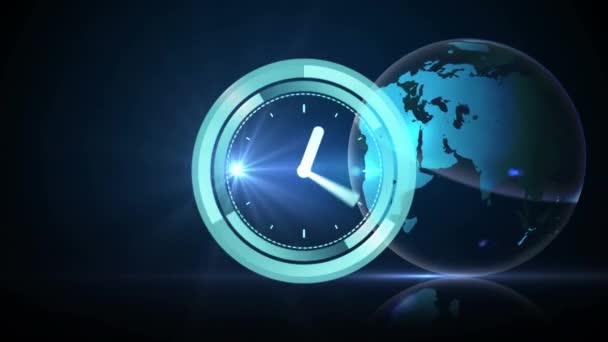 Animation Neon Ticking Clock Light Trails Spinning Globe Blue Background — ストック動画