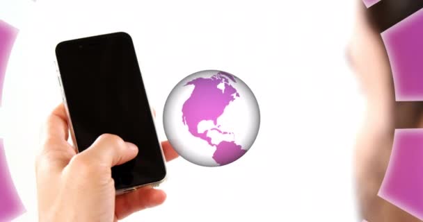Animation Travel Icons Globe Caucasian Man Using Smartphone Global Travel — Vídeo de Stock