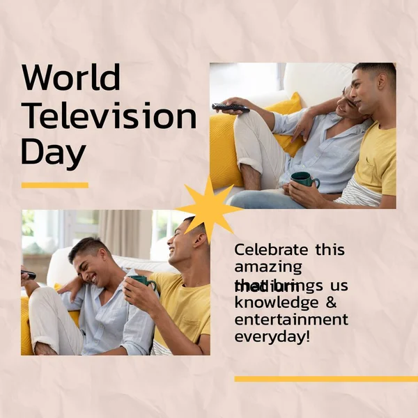 Composition of world television day text over biracial gay man with tv remote control. World television day, leisure time and entertainment concept.