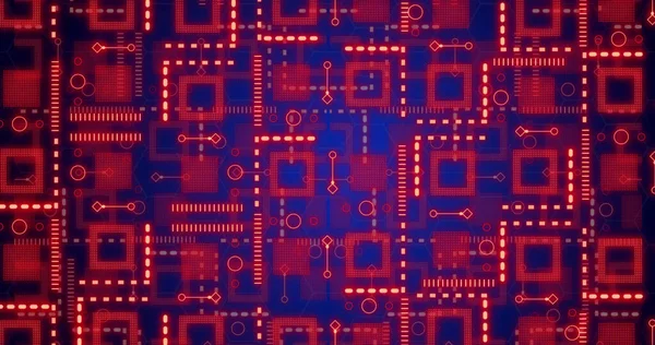 Image Neon Integrated Circuit Navy Background Electronics Signal Data Processing — Stock Photo, Image