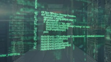 Animation of data processing and screens of network of connections against computer server room. Global networking and business data storage technology concept