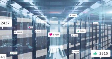Animation of social media icons and numbers and data processing over computer servers. Global social media, computing, data processing and digital interface concept digitally generated video.