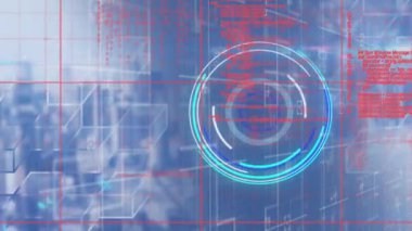 Animation of data processing over grid network and neon round scanner against blue background. Computer interface and business technology concept