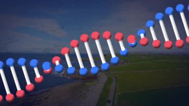Animation of dna structure with connecting dots and landscape in background. Motion graphics, futuristic, science, connection, nature.