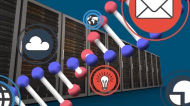 Animation of social media icons and dna strand spinning over servers. Global research, science, social media, computing and data processing concept digitally generated video.