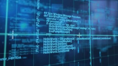 Animation of data processing on blue background. global finances, computing and digital interface concept digitally generated video.