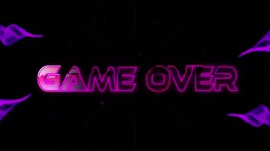 Animation of game over and please insert coin text with lines over abstract background. Illustration, digitally generated, multiple exposure, the end, video game, futuristic and technology concept.