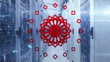 Animation of red shapes and lights over servers. Computers, network, data processing and technology concept digitally generated video.