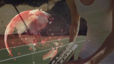 Animation of network of connections with globe over caucasian woman playing tennis. Global sport, connections and digital interface concept digitally generated video.