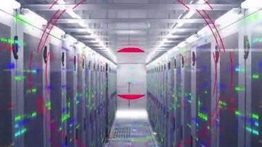 Animation of abstract circular shape over colorful mosaic squares against computer server room. Computer interface and business data storage technology concept